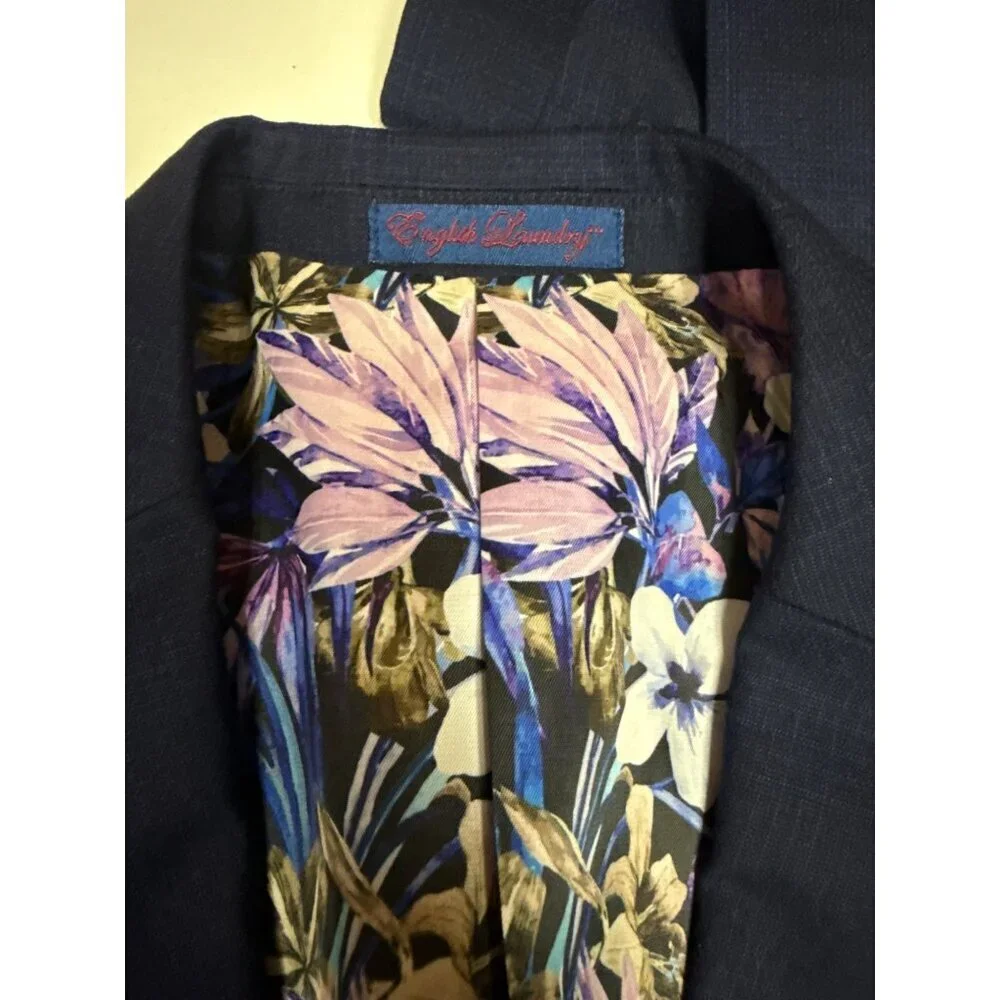 English Laundry Men's Suit Blazer Pants Navy Blue Lined Window Pane 42L 35W NEW
